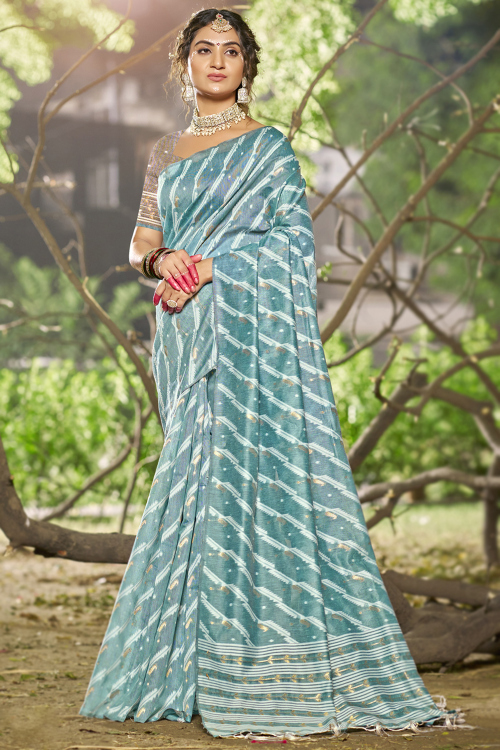 Cotton Printed Bluish Grey Light Weight Saree