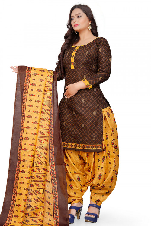 Cotton Printed Brown Casual Wear Patiala Suit