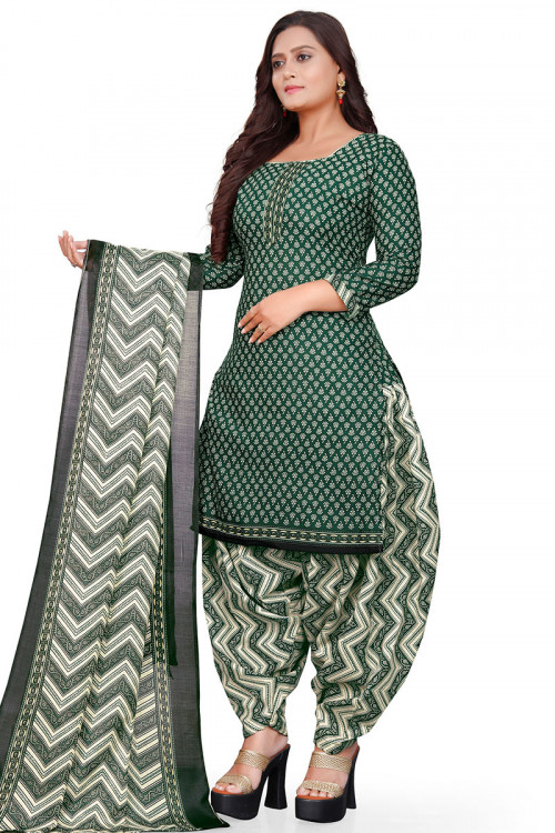 Cotton Printed Casual Wear Peacock Green Patiala Suit