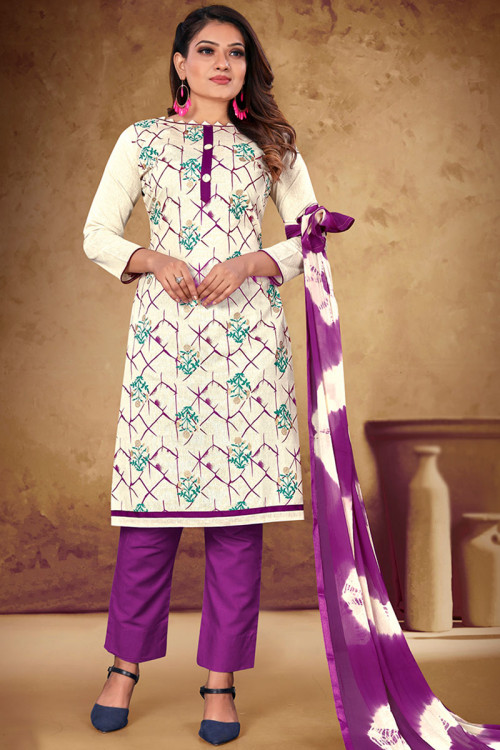 Cotton Printed Cream Casual Wear Straight Pant Suit