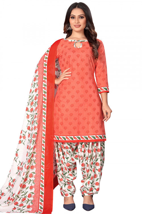 Cotton Printed Light Red Patiala Suit