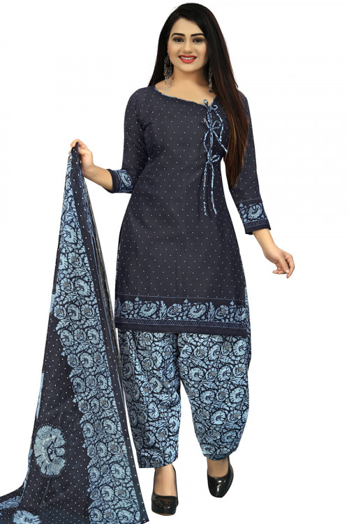 Cotton Printed Navy Blue Straight Cut Patiala Suit