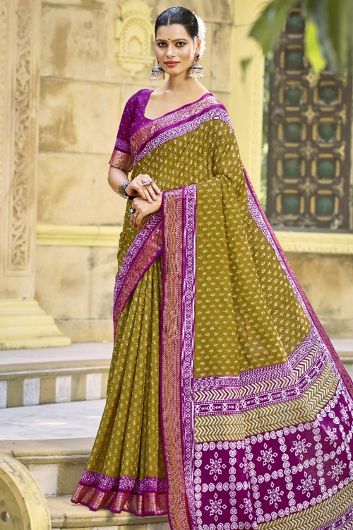 Cotton Printed Olive Green Light Weight Saree