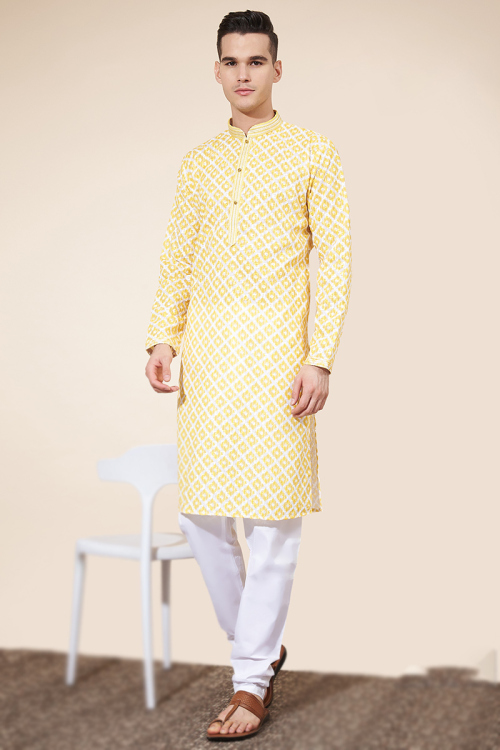 Cotton Printed Pale Yellow Straight Cut Men's Kurta Pajama 