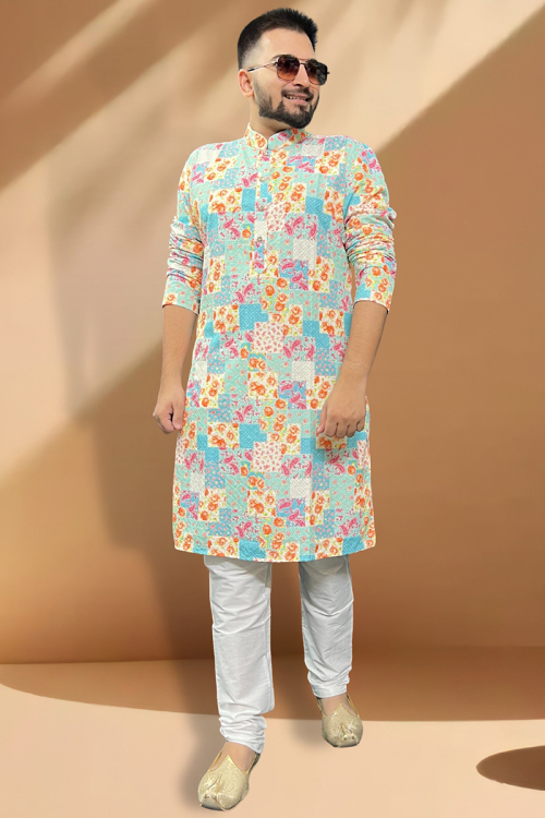 Cotton Printed Sky Blue Straight Cut Men's Kurta Churidar 