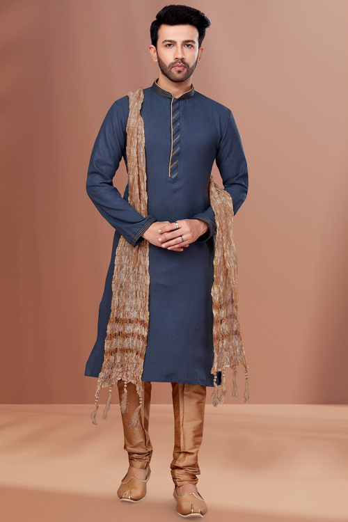 Cotton Prussian Blue Men Kurta Pajama