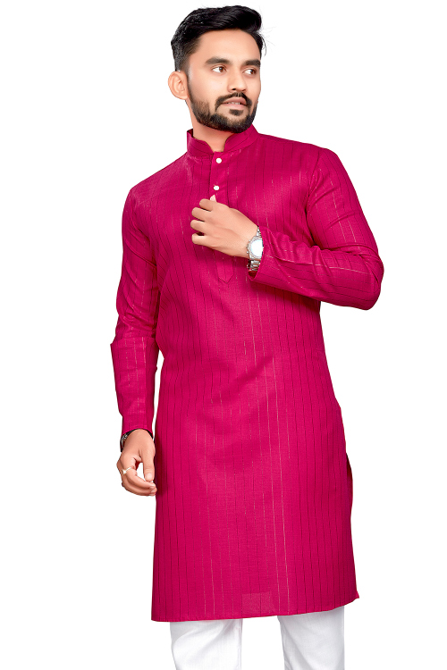 Cotton Rani Pink Weaved Lurex Thread Straight Cut Men's Kurta 