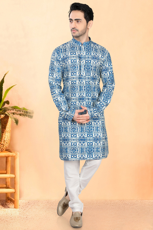 Cotton Rayon Blue Printed Men’s Kurta Churidar