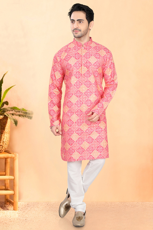 Cotton Rayon Blush Pink Bandhej Printed Men’s Kurta Churidar