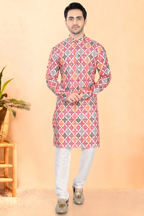 Cotton Rayon Dark Pink Bandhej Printed Men’s Kurta Churidar