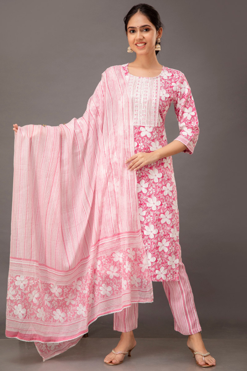 Cotton Rayon Light Pink Floral Print Straight Cut Trouser Suit 