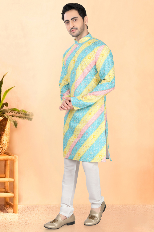 Cotton Rayon Multi Color Bandhej Printed Men’s Kurta Churidar