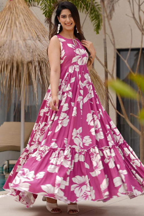 Cotton Rayon Rose Pink Ready Made Printed Gown For Casual Wear
