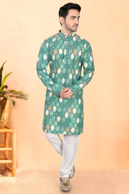 Cotton Rayon Teal Green Bandhej Printed Men’s Kurta Churidar