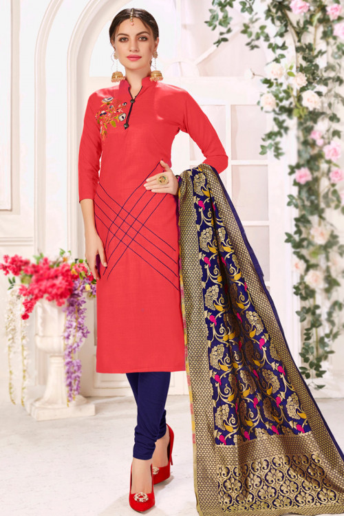 Cotton Red Resham Embroidered Churidar Suit