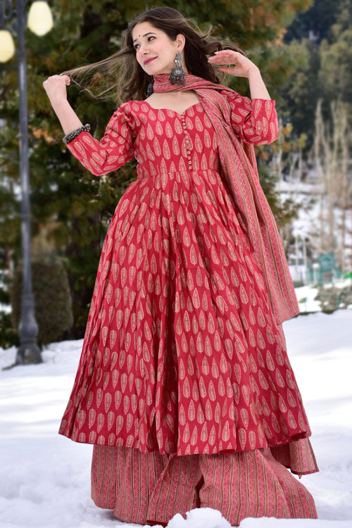 Cotton Ruby Red A Line Printed Trouser Suit