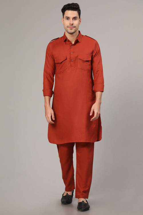 Cotton Rust Orange Plain Straight Cut Men's Kurta Pajama