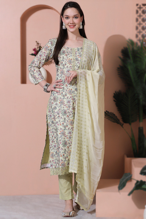 Cotton Sage Green Printed Straight Cut Casual Wear Suit 