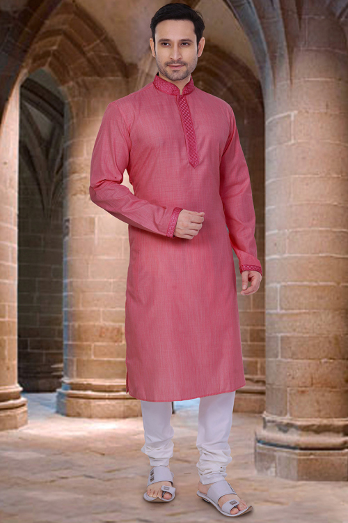 Cotton Salmon Peach Lace Embroidered Men's Kurta Churidar 
