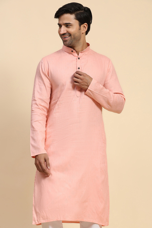 Cotton Salmon Peach Weaved Thread Straight Cut Men's Kurta