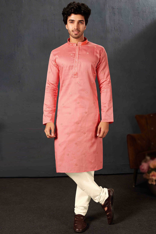 Cotton Salmon Pink Embroidered Men's Kurta Churidar