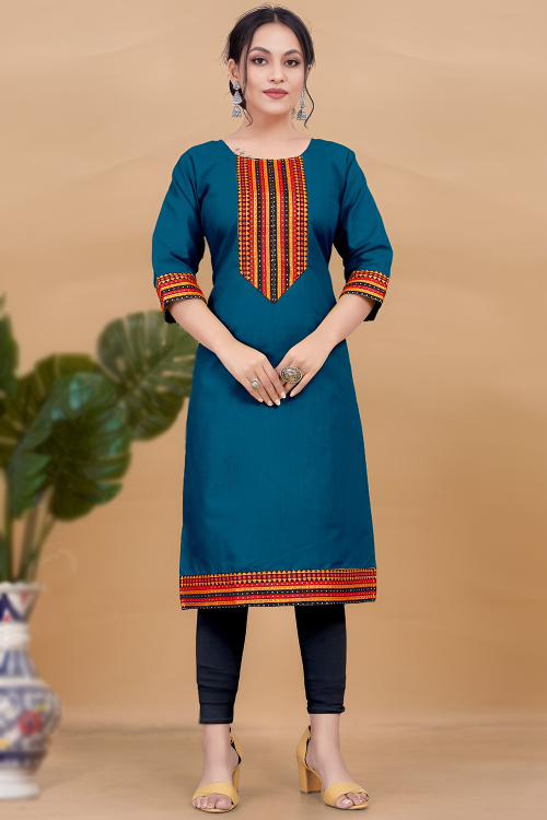 Cotton Sea Blue Embroidered Ready to Wear Straight Cut Readymade Kurti