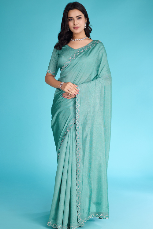 Cotton Seafoam Green Saree with Pearl Work for Diwali Festival