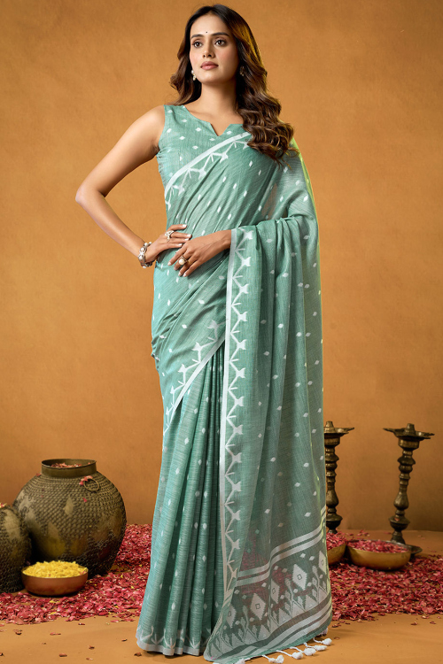 Cotton Seafoam Green Saree With Weaved Thread Work For Casual Wear