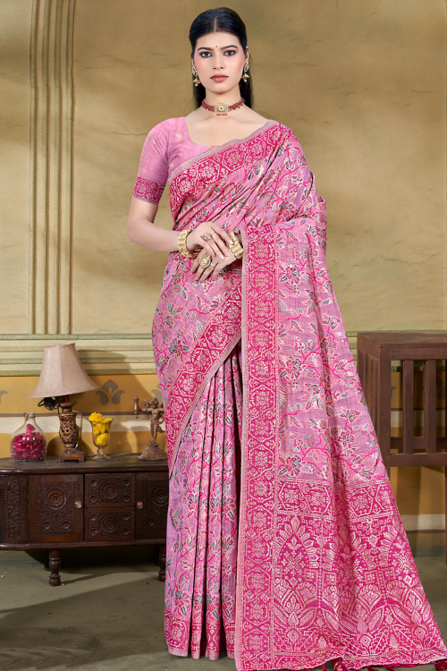 Cotton Silk Carnation Pink Saree With Weaved Work For Festival