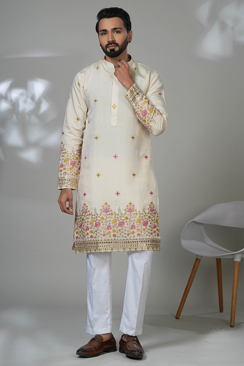 Cotton Silk Cream Beige Men's Kurta Pajama With Sequins Work