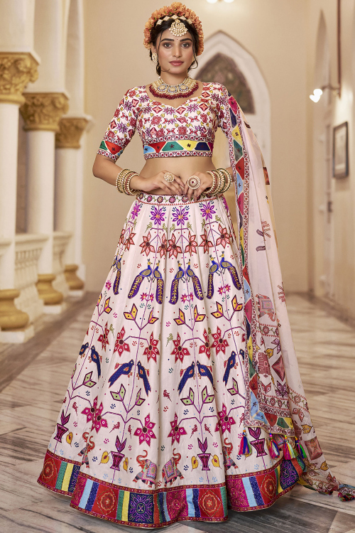 Cotton Silk Cream Lehenga with Printed Work for Navratri