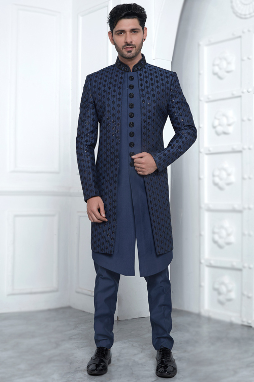 Cotton Silk Embroidered Navy Blue Jacket Style Men's Sherwani