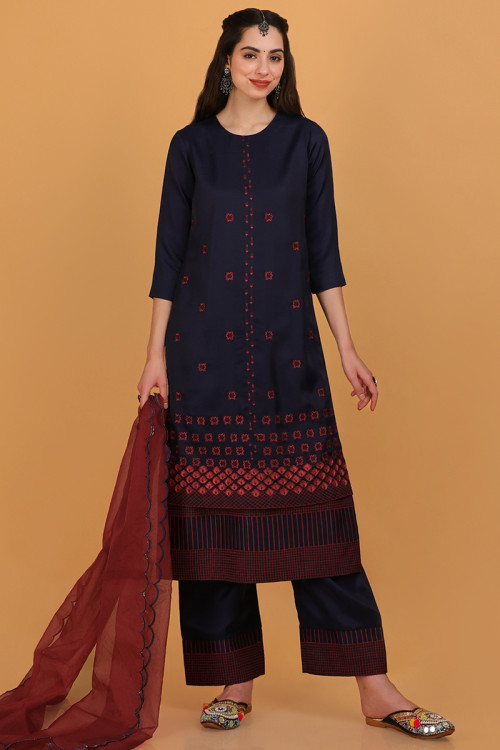 Cotton Silk Embroidered Navy Blue Straight Cut Trouser Suit