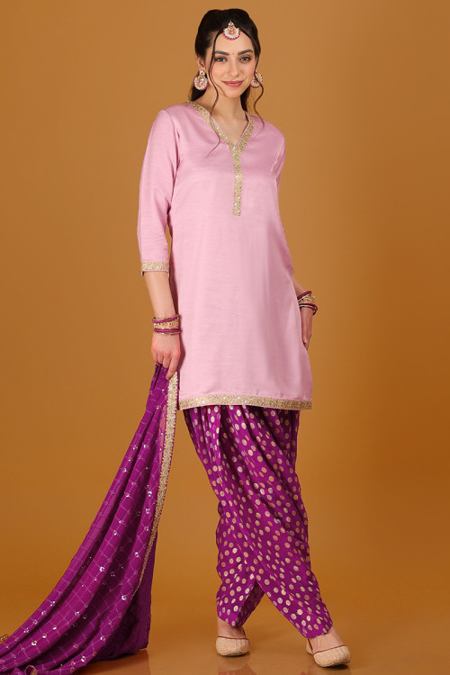 Cotton Silk Lavender Pink Lace Embroidered Patiala Suit