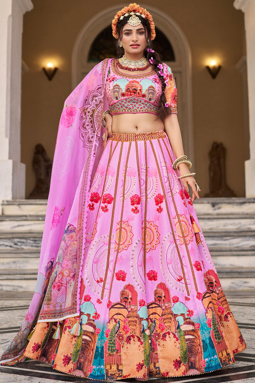 Cotton Silk Lavender Pink Lehenga with Printed Work for Diwali