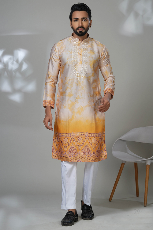 Cotton Silk Light Beige Men's Kurta Pajama With Printed Work