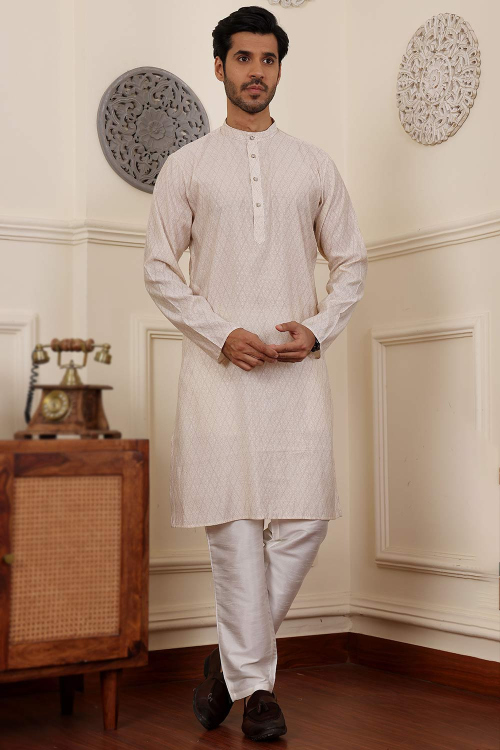 Cotton Silk Light Beige Printed Straight Cut Men's Kurta Pajama