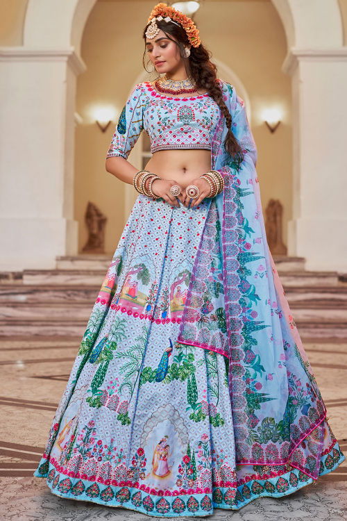 Cotton Silk Light Blue Lehenga with Printed Work for Diwali
