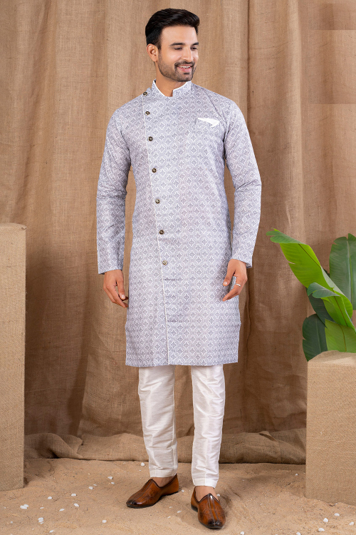 Cotton Silk Light Grey Men's Kurta Pajama With Printed Work