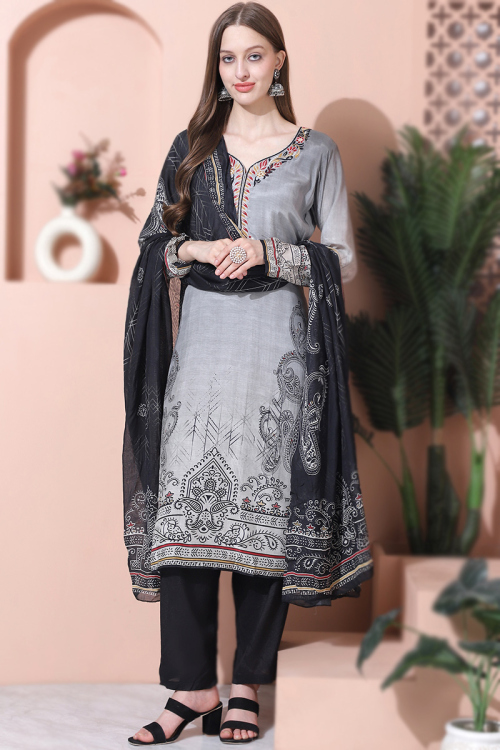 Cotton Silk Light Grey Printed Straight Cut Suit