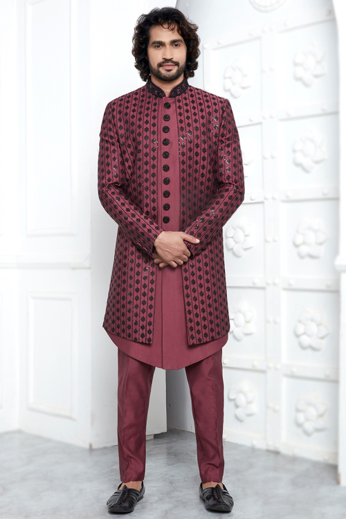 Cotton Silk Light Maroon Embroidered Jacket Style Men's Sherwani