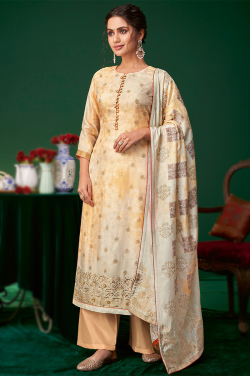 Cotton Silk Light Orange Printed Casual Wear Palazzo Suit