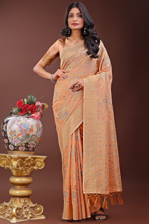 Cotton Silk Light Orange Saree With Weaved Work For Festival