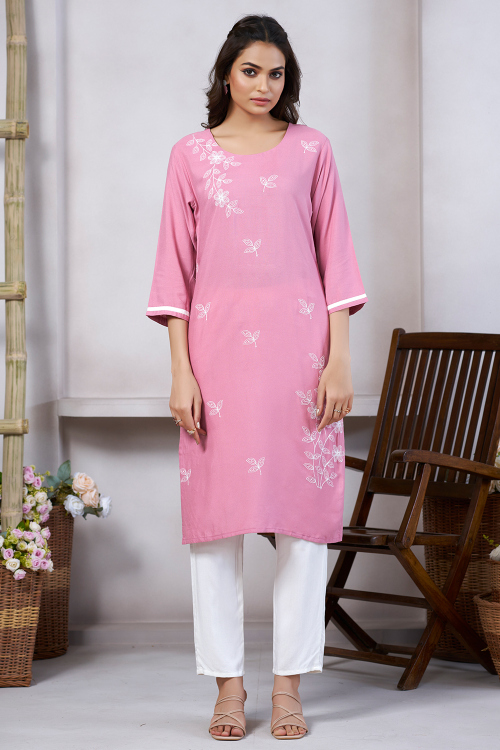 Cotton Silk Light Pink Kurti With Resham Thread Work 