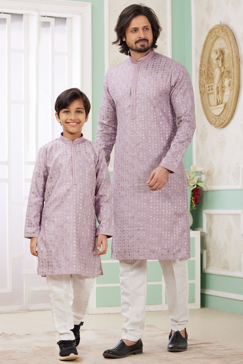 Cotton Silk Light Purple Embroidered Father And Son Kurta Pajama