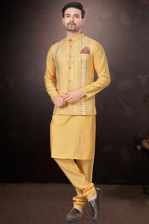 Cotton Silk Mustard Yellow Jacket Style Men's Plain Kurta Churidar