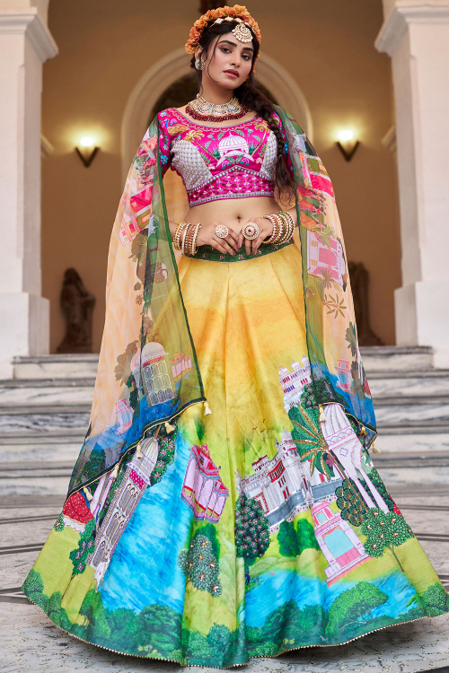 Cotton Silk Mustard Yellow Lehenga with Printed Work for Diwali