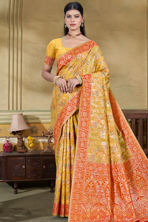 Cotton Silk Mustard Yellow Saree With Weaved Work For Festival