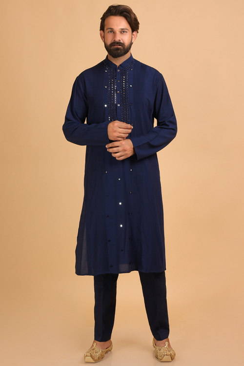 Cotton Silk Navy Blue Mirror Adorned Men's Kurta Pajama 