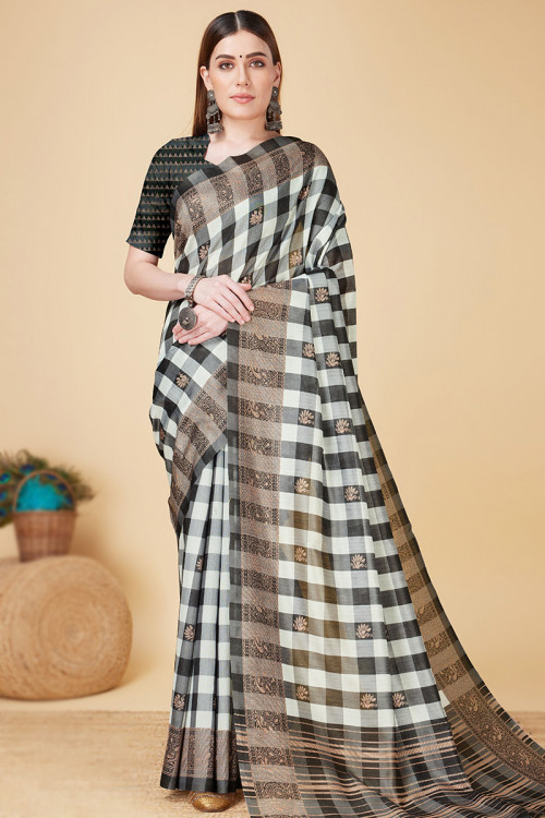 Cotton Silk Off White And Black Printed Light Weight Saree